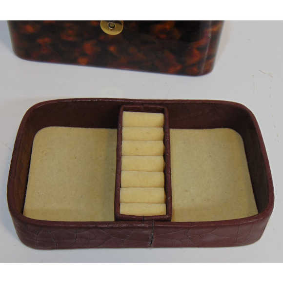 Vintage Travel Jewelry Box Chest Brown Faux Leather Handle Snap Closure Mirror - Picture 7 of 12